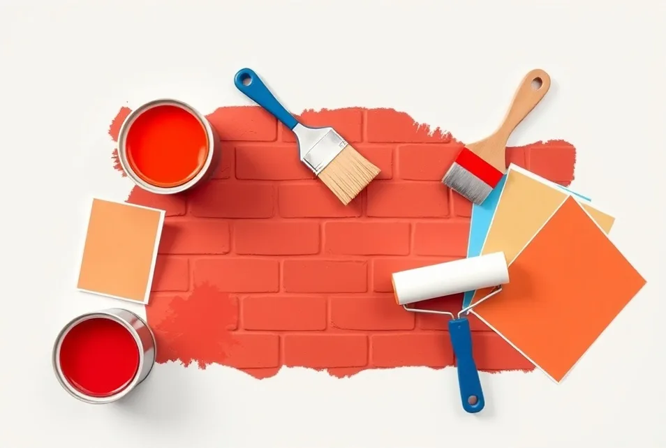 Pots de peinture, nuancier, brosses et rouleaux disposés à plat