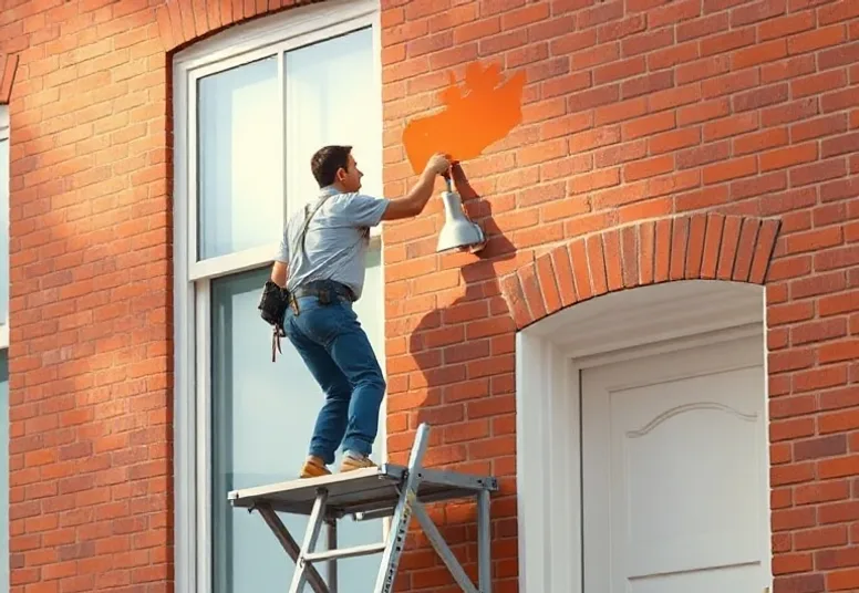 Peintre sur échafaudage traitant la façade d'une maison